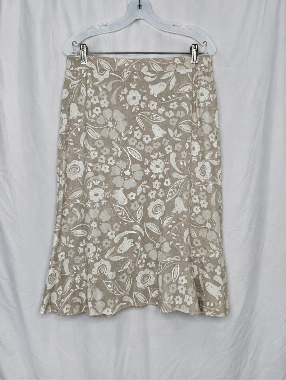 Fresh Produce Beige White Floral Cotton A-line Ruffle Hem Pull On Casual Skirt